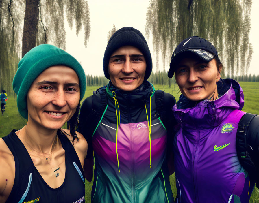 Three people in athletic wear smiling in lush park setting