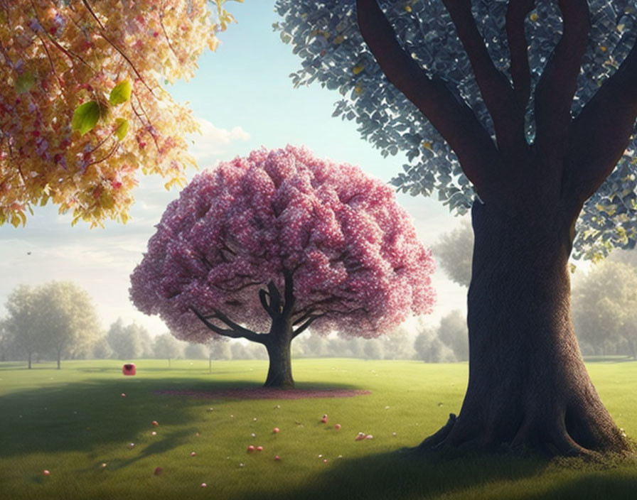 Cherry blossom tree in full bloom among lush greenery