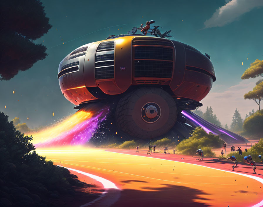 Futuristic flying vehicle on vibrant alien landscape with figures and vehicles.