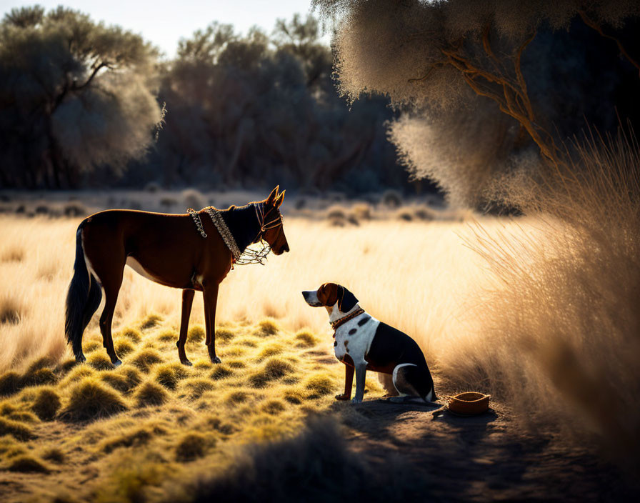 Dog watching horse near water bowl in sunny field.