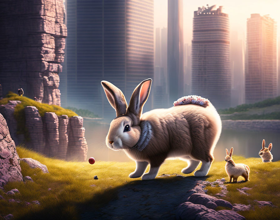 Fantasy landscape with oversized rabbits, red ball, rocks, and futuristic cityscape at sunrise/sunset