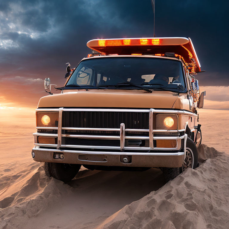 Tow truck with flashing lights in desert dusk landscape