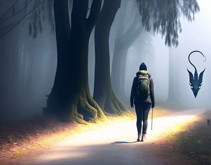 Hiker on misty forest path with mystical winged symbol