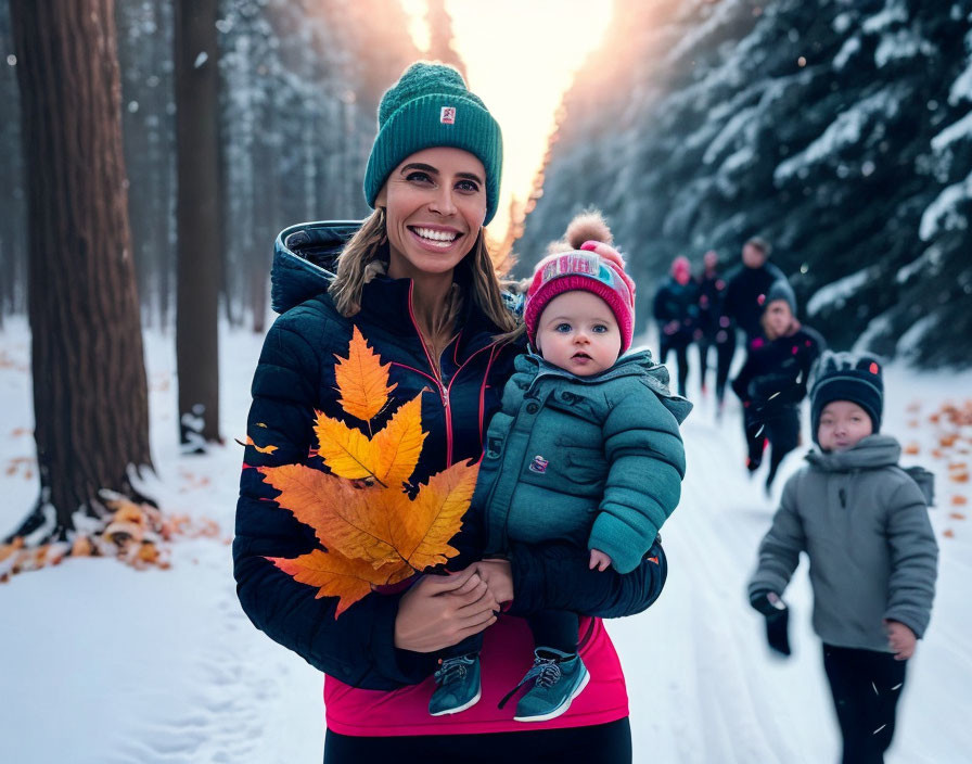 Smiling woman with baby and yellow leaves on snowy path