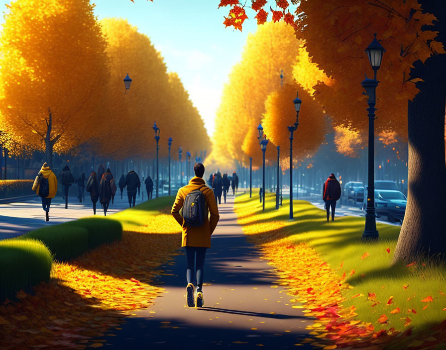 Tranquil autumn landscape with people walking on tree-lined path