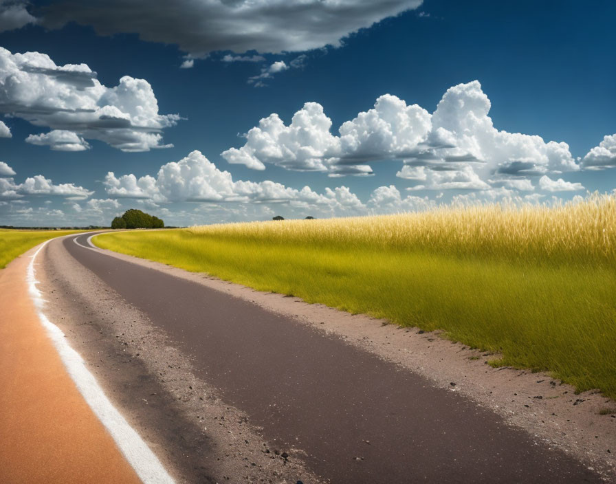 Scenic curving road in golden field under blue sky