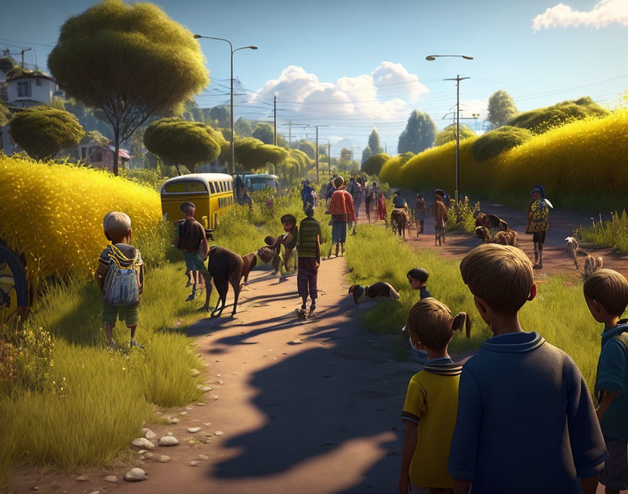 Children and dogs walking on rural road with greenery, yellow flowers, and school bus