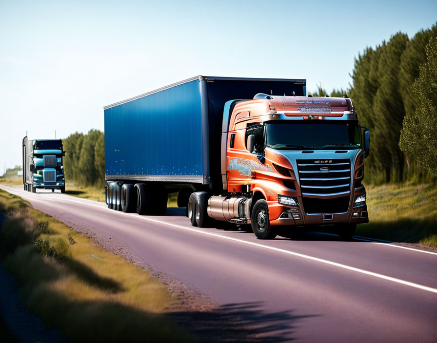 Two semi-trucks on highway with trees and grass, clear sky