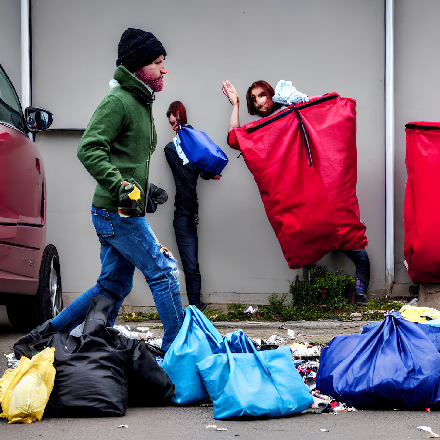 Man in green jacket walking past colorful bags with two people behind him.