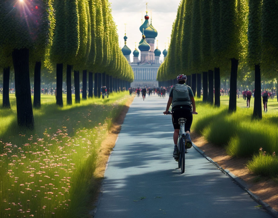 Cyclist on tree-lined path towards ornate building with green domes