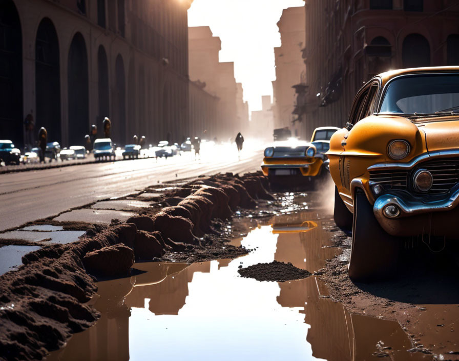 Vintage Yellow Taxi Parked on Sunlit City Street with Puddles & Silhouettes