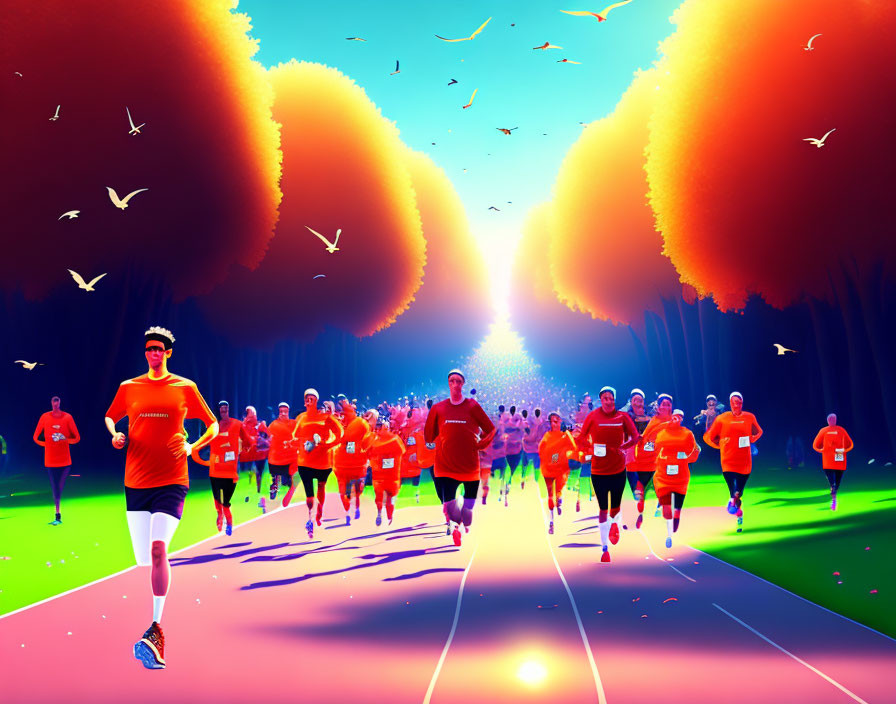 Colorful illustration: large group of runners in orange kits racing under vibrant sunset.