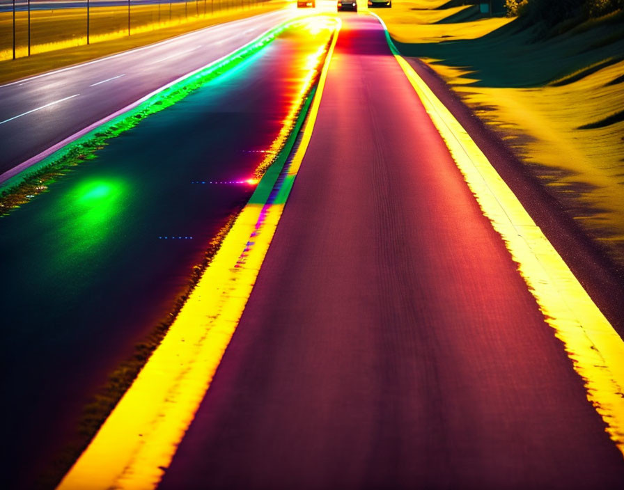 Colorful Light Trails on Road at Dusk