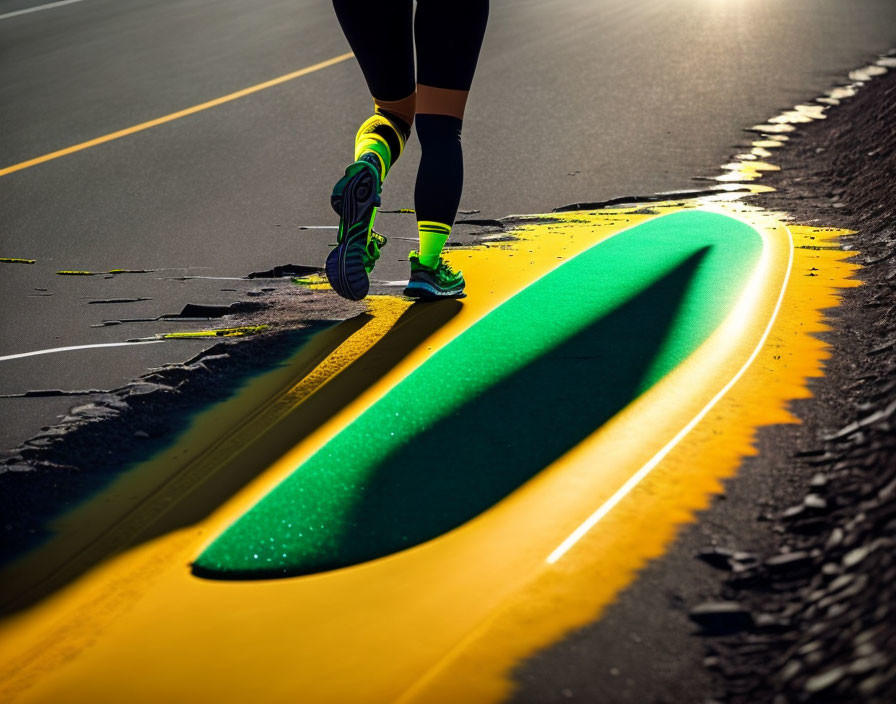 Person's Legs Running on Road with Long Shadow and Green Shoes