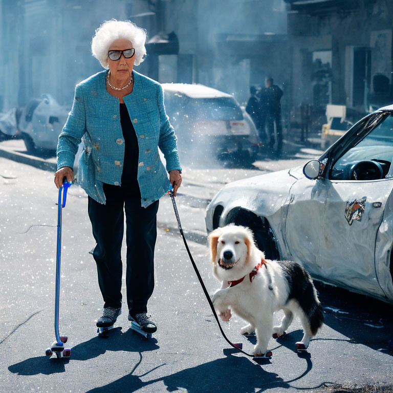 Elderly woman with cane and dog crossing street near damaged car