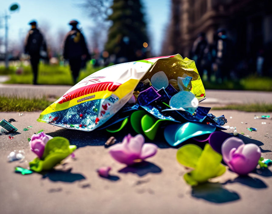 Colorful party items on pavement with blurred figures