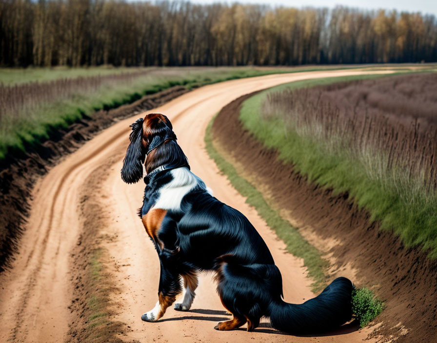 Tricolor dog on dirt road in fields under clear sky