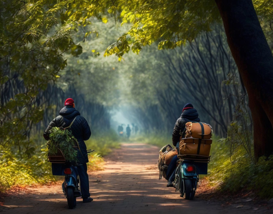 Motorcycle riders carrying goods on tree-lined path under sunlight