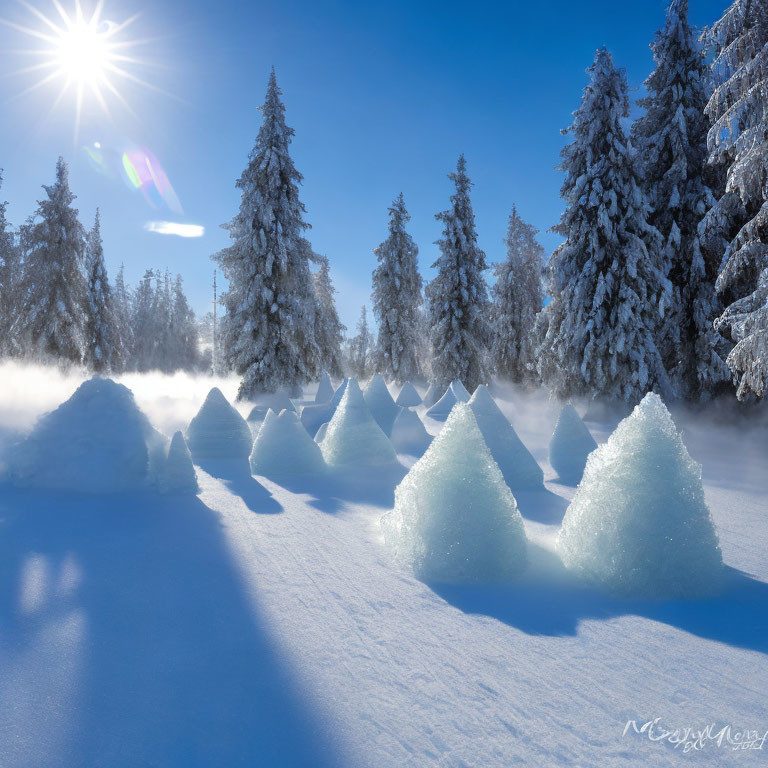 Winter Landscape with Snow-covered Woodpiles and Frosty Trees