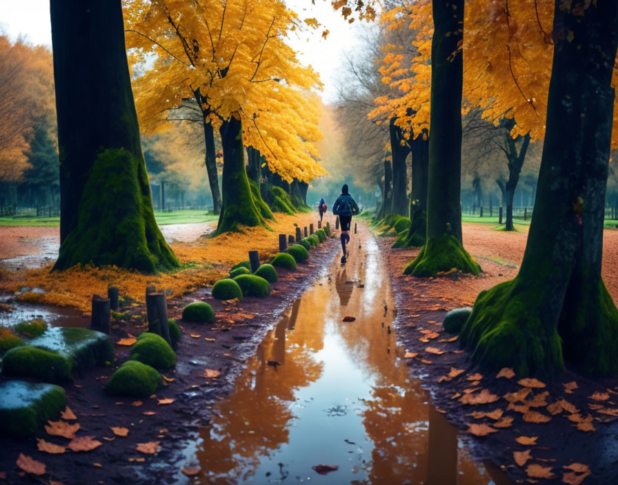 Tranquil autumn pathway with vibrant trees and serene ambiance