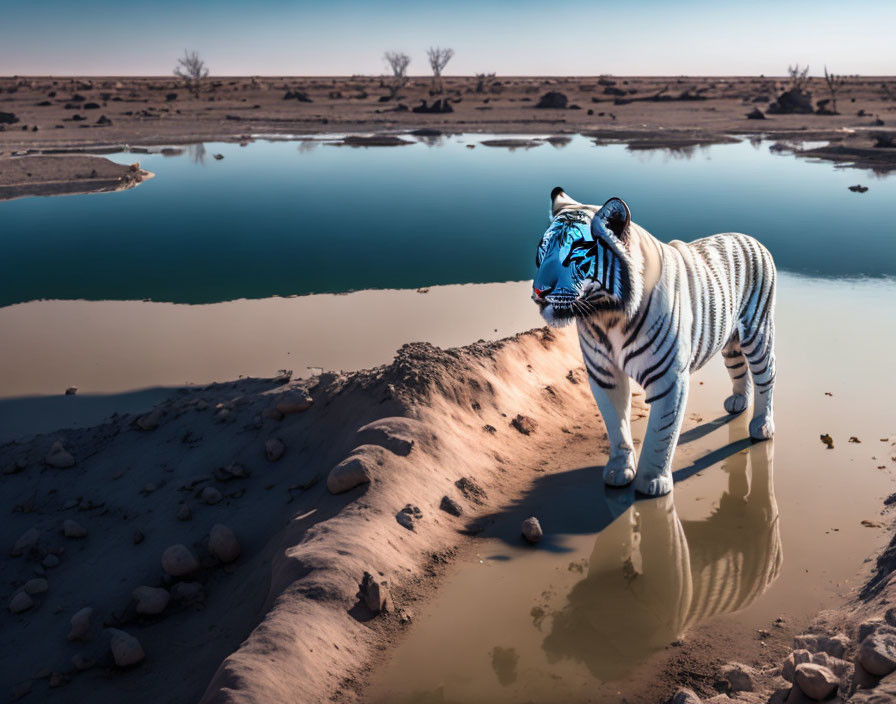 Blue and white digitally altered tiger by tranquil waterhole in barren landscape