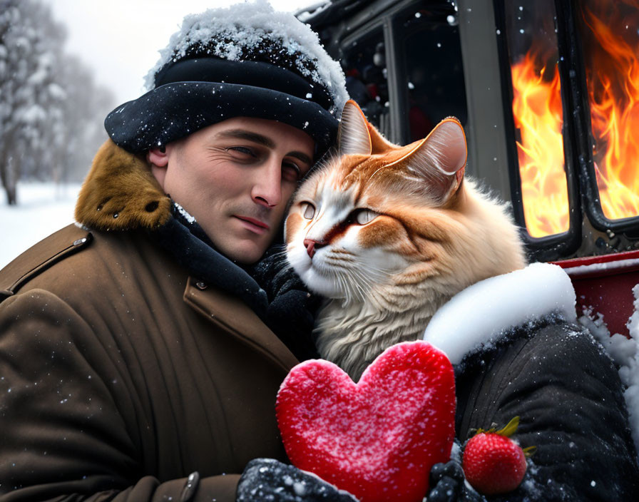 Man in winter clothing holding ginger and white cat in snow with heart plush and fire.