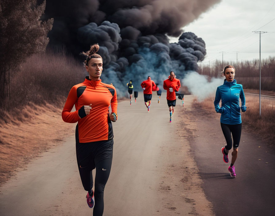 Three individuals jogging on road with large fire's black smoke.