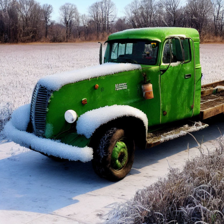 Vintage Green Truck Covered in Frost in Snowy Field