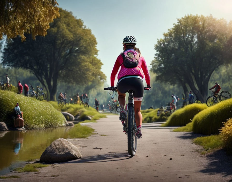 Cyclist in Pink Jacket Biking in Scenic Park Setting