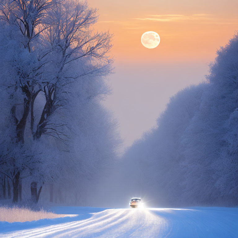 Snowy Road with Frost-Covered Trees and Full Moon in Winter Landscape