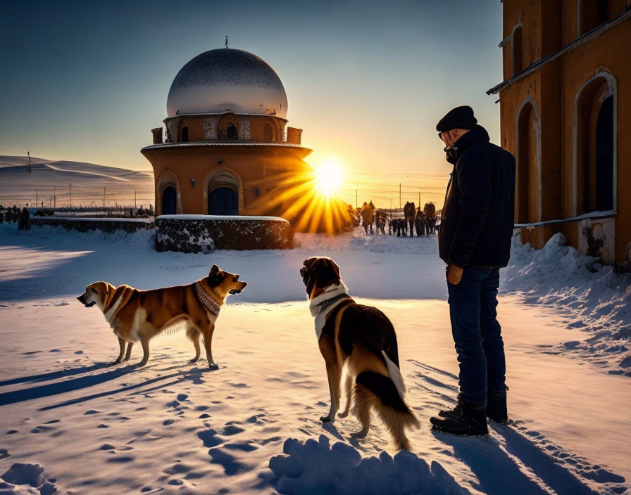 Person with two dogs in snowy sunset scene with domed building