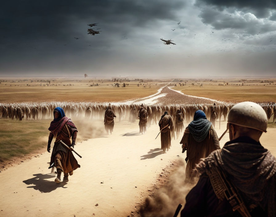 Group of people in traditional attire walking in desert with futuristic aircraft flying above dramatic cloudy sky