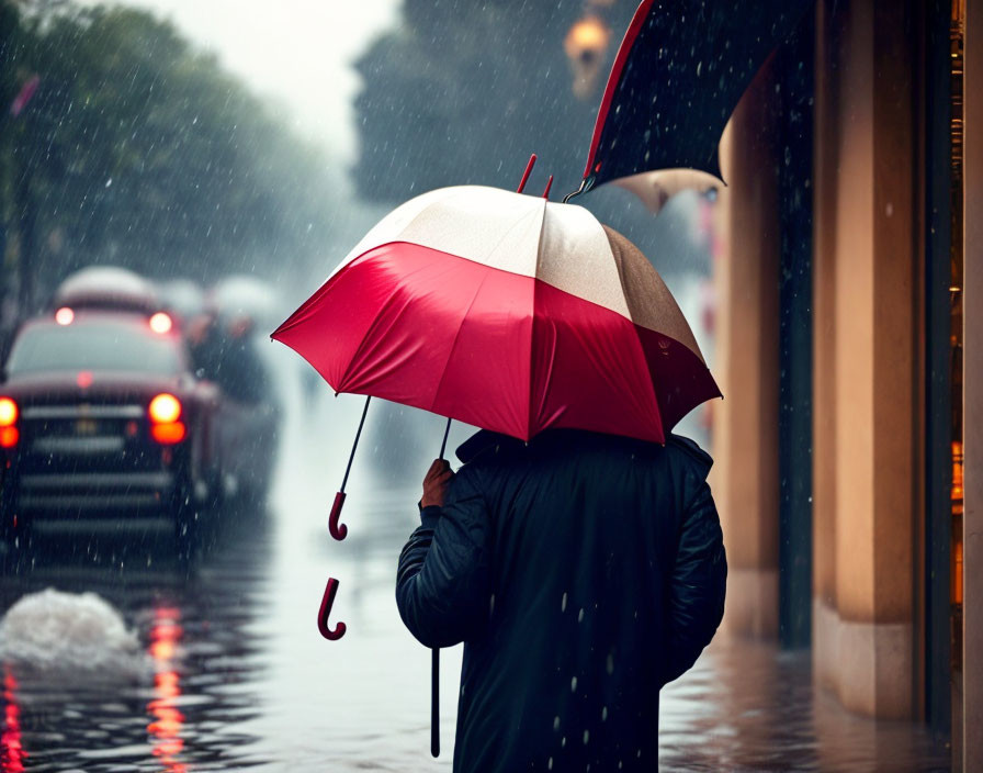 Person under Red and White Umbrella Walking in Rain Shower on Wet Street