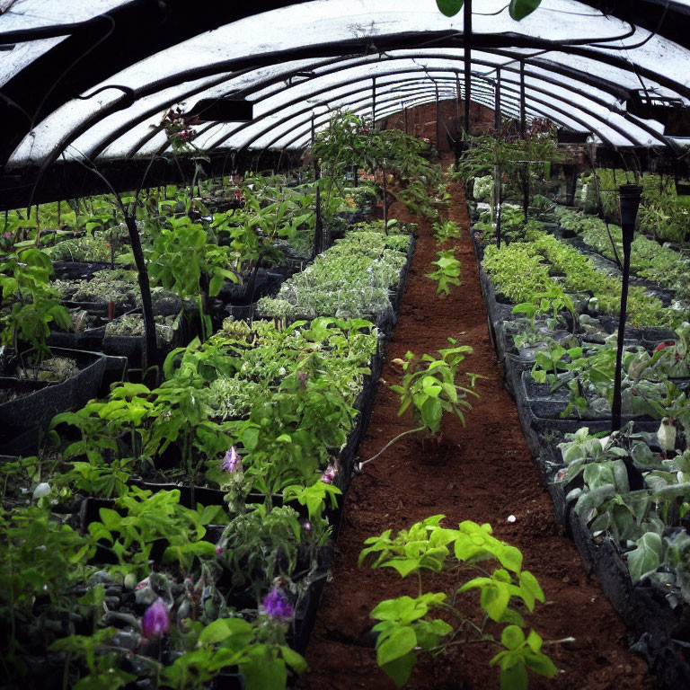 Greenhouse with Various Potted Plants and Arched Roof