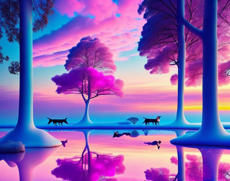 Purple and Blue Fantasy Landscape with Fox Silhouettes and Tranquil Water