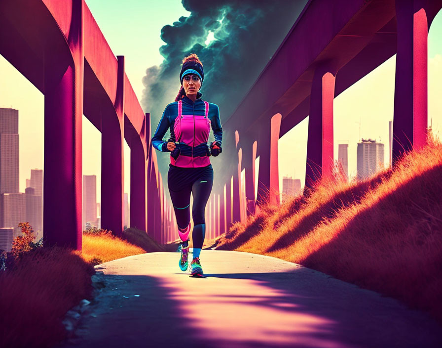 Vibrant Woman Running on Urban Bridge at Dusk