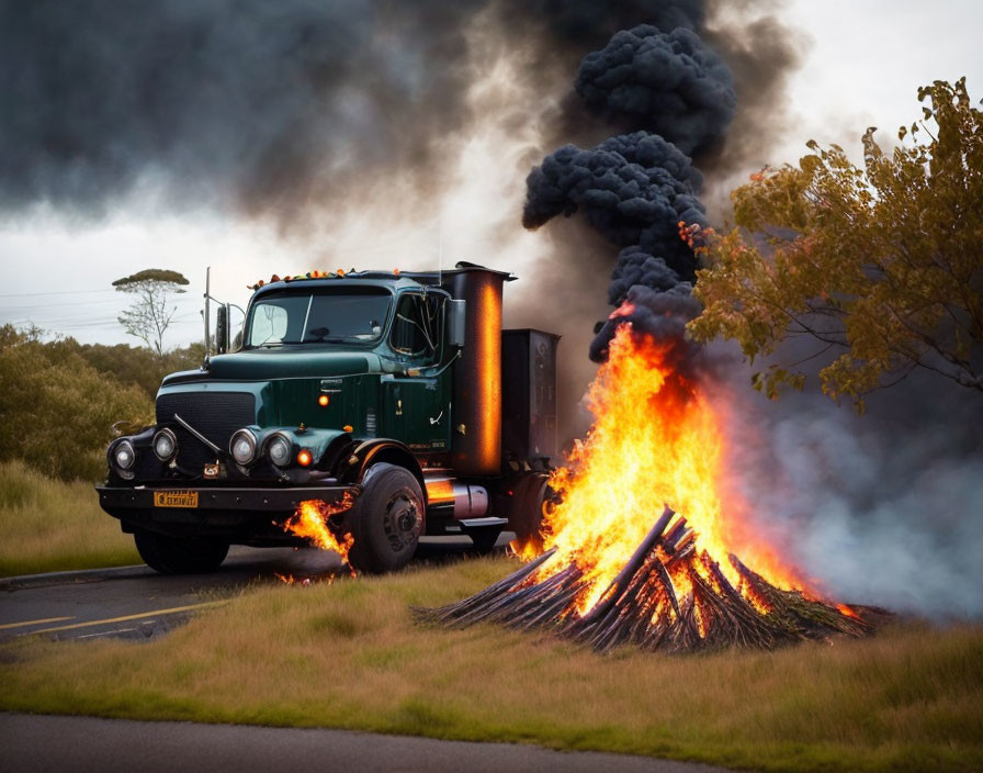 Vintage truck parked near bonfire emitting black smoke in greenery under cloudy sky