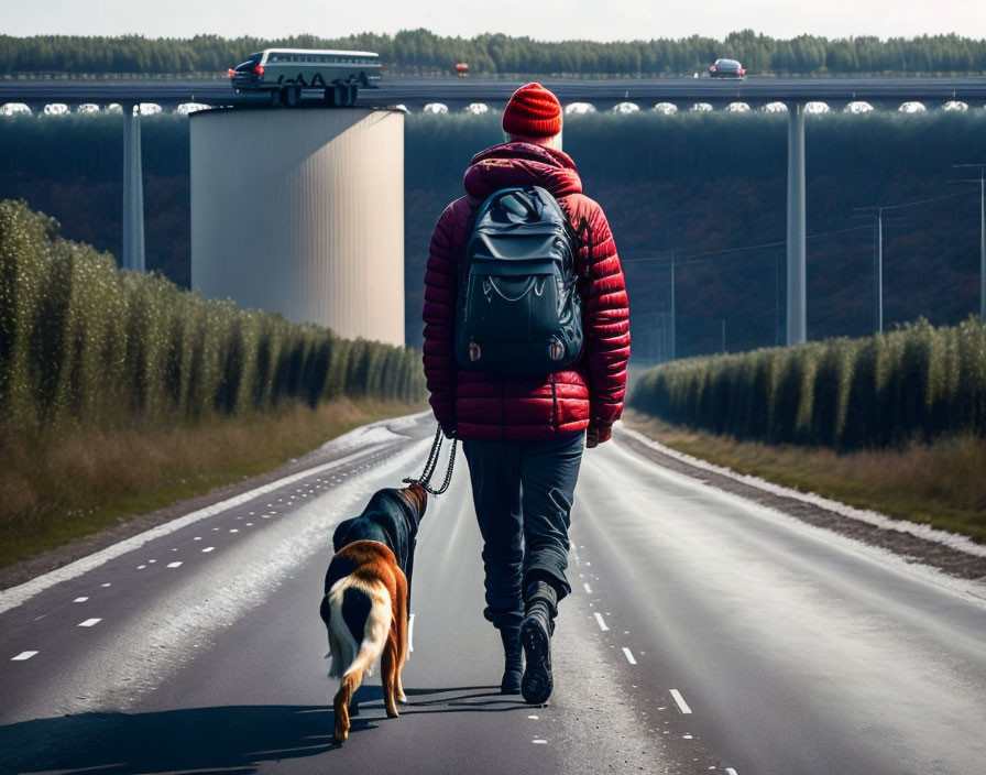 Person in red jacket walks dog near industrial structure and overpass.