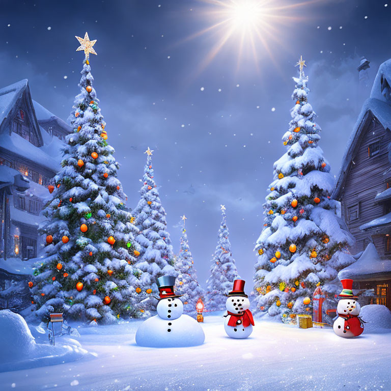 Snowy rooftops, Christmas trees, snowmen in a winter night scene