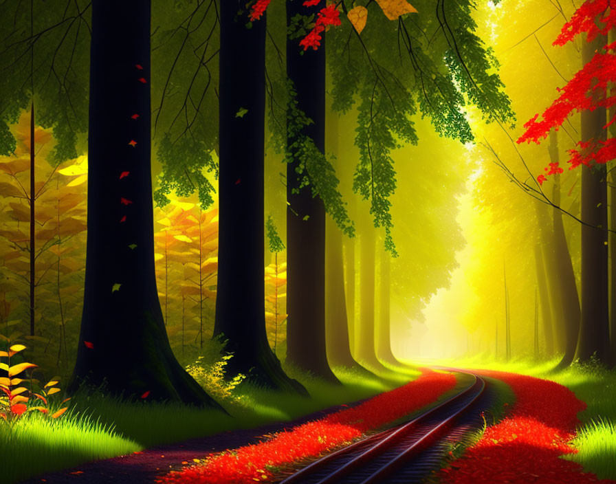 Scenic railway track through vibrant autumn forest