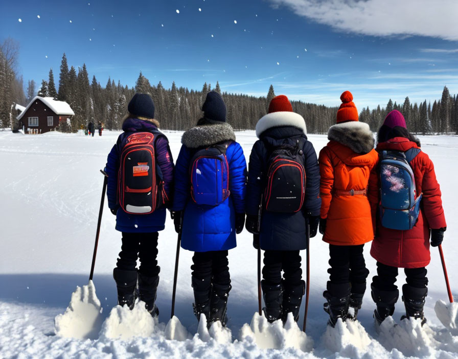 Group of Five People in Winter Attire Standing in Snow by Cabin