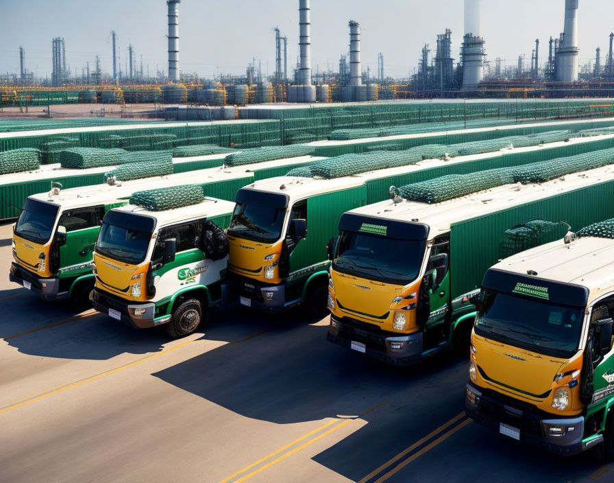 Yellow and Green Trucks Parked by Green Containers and Industrial Facilities