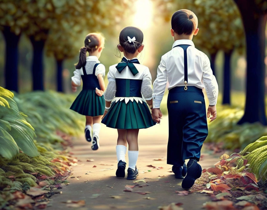 Three children in school uniforms walking hand in hand along a tree-lined path