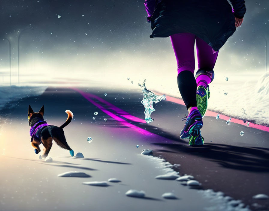 Nighttime jogger with dog creates colorful shadows on road amidst bubbles and snow