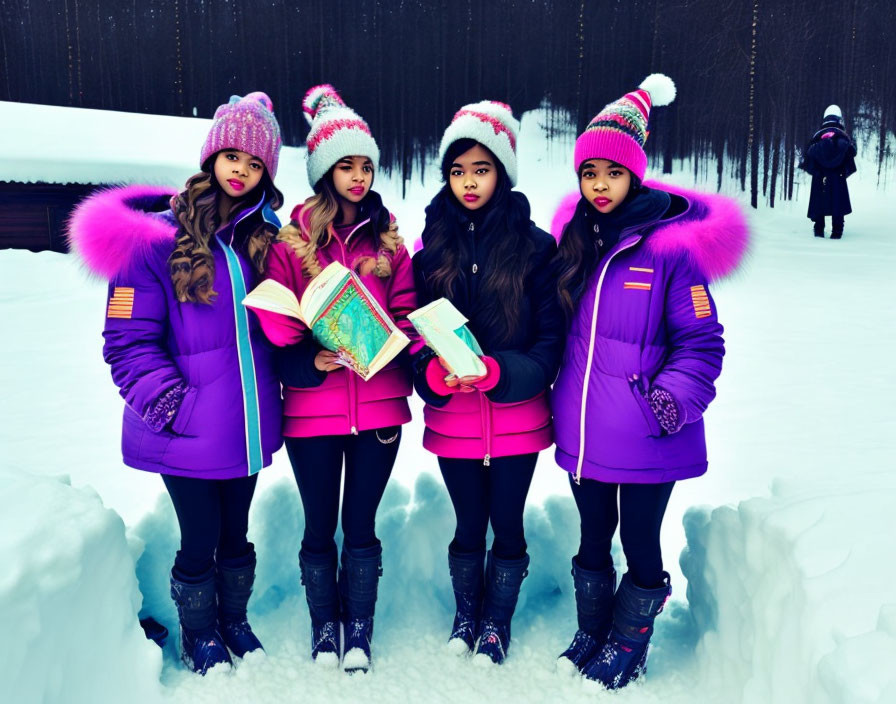 Group of four people in purple winter attire with open book in snowy setting