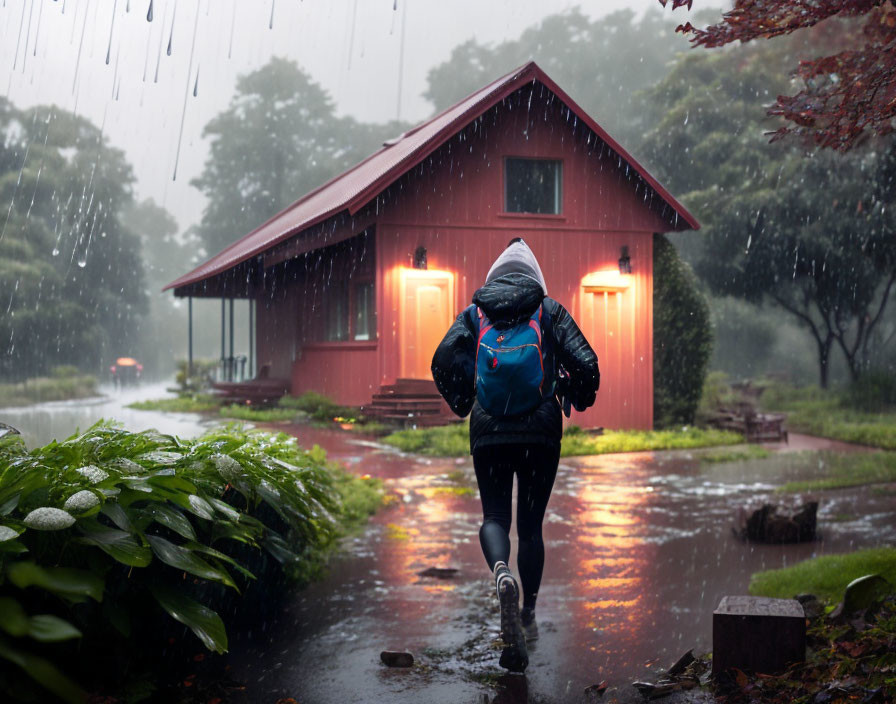 Person running to red cabin in rain amid greenery with warm lights