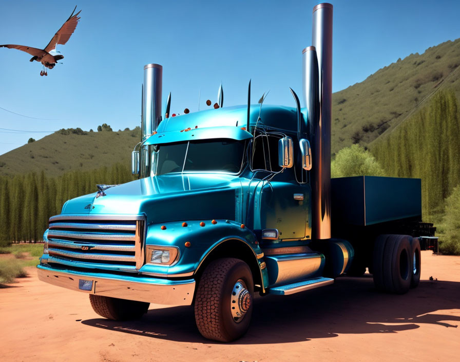 Blue semi-truck with tall exhaust pipes under clear sky with bird and green hills