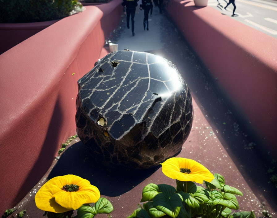 Black spherical stone on pathway with yellow flowers and blurred pedestrians