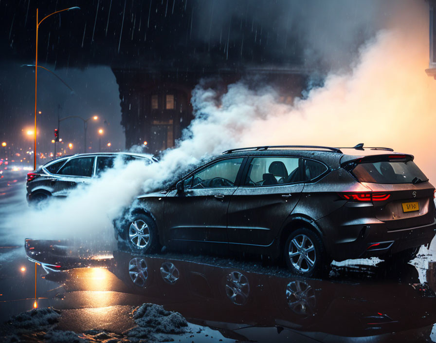 Cars emitting steam on wet street at night in falling snow