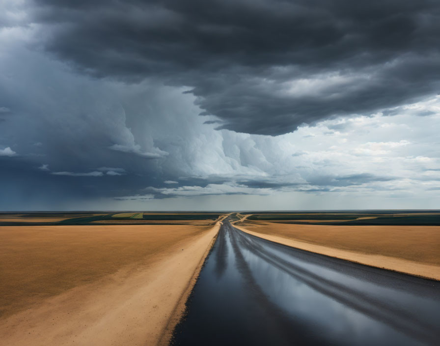 Straight Road Through Arid Landscape Under Stormy Sky